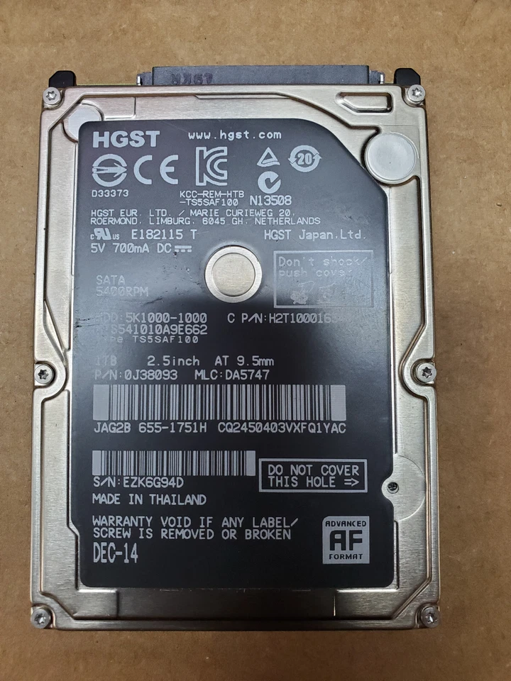 LOW HOURS HGST 655-1751H HTS541010A9E662 0J38093 1TB 2.5" 5.4K SATA 3 Hard Drive - Image 1 of 1