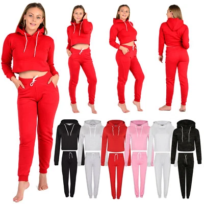 Womens Tracksuit Set Ladies Plain Crop Top Hoodie Jogging Bottoms Tights XS-L - Image 1 of 2