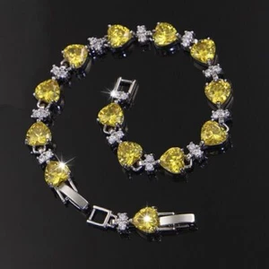 New Luxury Party Jewelry Love Heart Yellow Citrine Gems Women Silver Bracelet - Picture 1 of 6