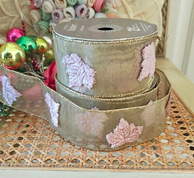 New MARTHA STEWART Luster Holiday Ribbon Metallic Gold Velvet Leaves PINK Wired - Image 1 of 4