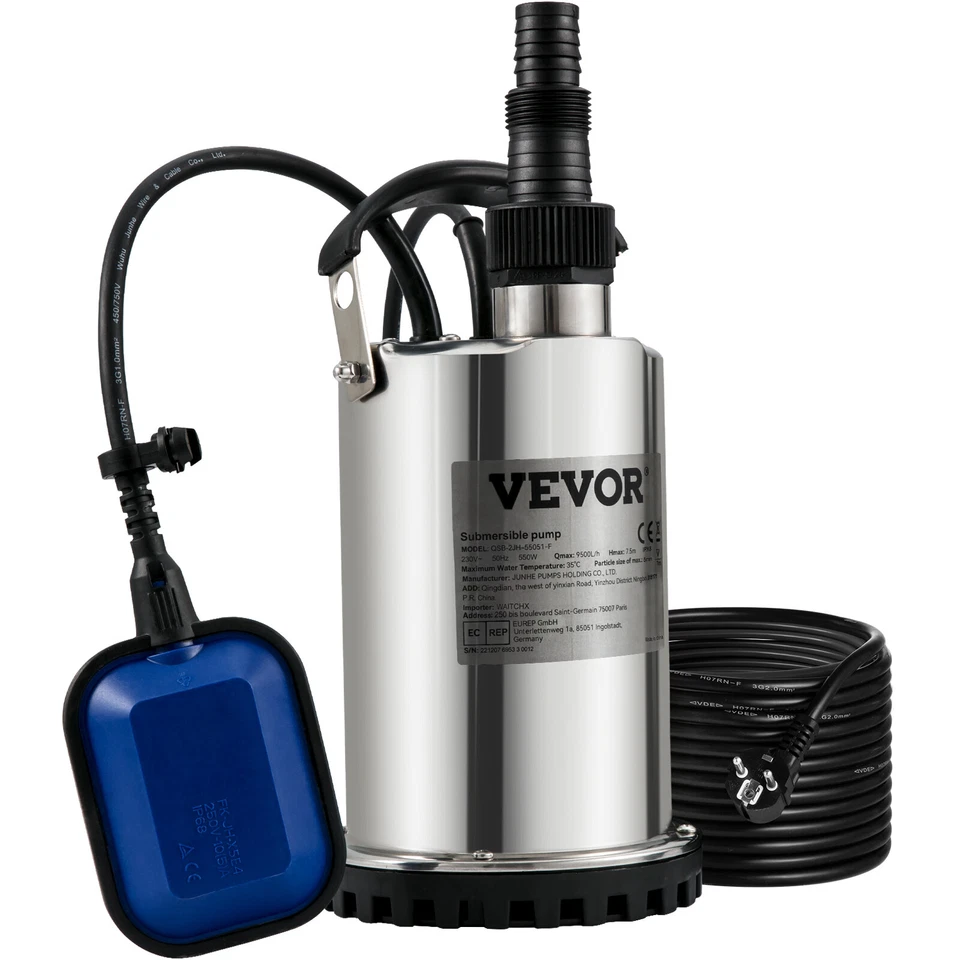 VEVOR Pompa Sommersa Elettrica da Drenaggio per Acqua Sporca 550W da Giardino