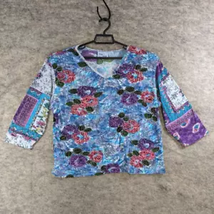 Jane Ashley Top Womens 2X Blue Pink Purple Floral Knit Beaded 3/4 Sleeve Casual - Picture 1 of 13