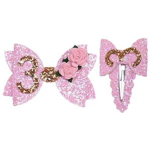  2 piezas pinzas para el cabello y lazos con moño brillante niñas horquilla fiesta de tercer cumpleaños lentejuelas - Imagen 1 de 12