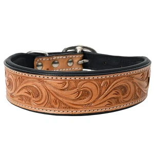 DC HILASON Western Cuero Genuino Resistente Collar de Perro Floral Tooled - Imagen 1 de 3
