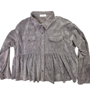 LILYMAES Shirt Womens Large Gray Corduroy Babydoll Peplum Snap Front Top Western - Picture 1 of 11