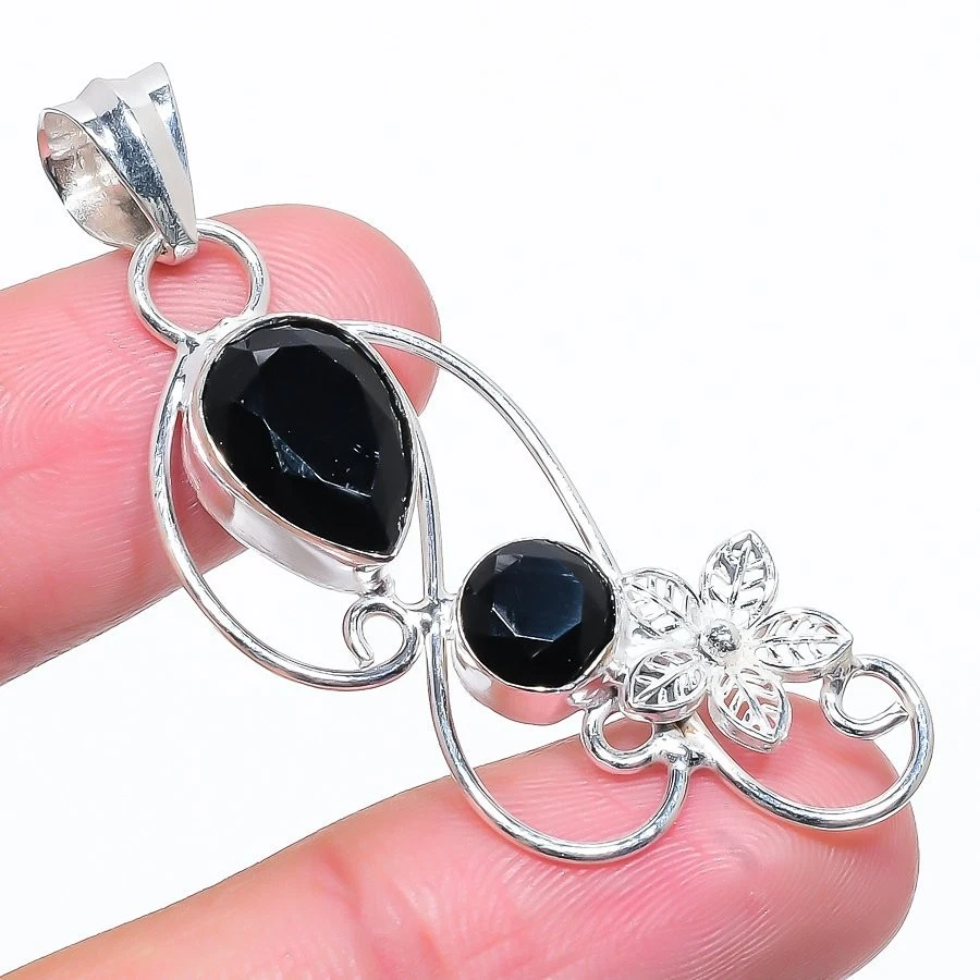 Black Spinel Gemstone Handmade 925 Sterling Silver Jewelry Pendant Size 2.10" - Image 1 of 1
