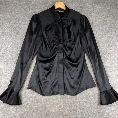 Blumarine Long Sleeve Button Up Silk Blouse Bow Bell Sleeve Black Womens Sz 42 S - Image 1 of 4
