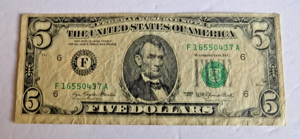 1977 $5 FRN Error - Front to Back Offset Printing Error (Reverse) FR 1974F - Image 1 of 3