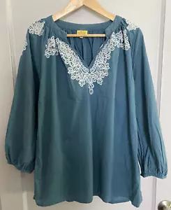 Roberta Roller Rabbit Embroidered Boho Peasant Blouse Sz M Blue Long Sleeve Top - Picture 1 of 4