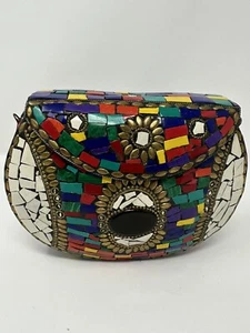 Metal Box Clutch  Purse Handmade Multicolor Mosaic Stone Bags Evening Women - Picture 1 of 7