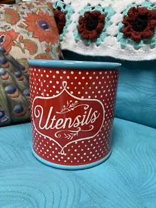 Pioneer Woman Flea Market Red Polka Dot Teal Trim Utensil Crock ~ NEW - Picture 1 of 4