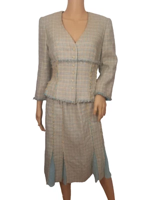 Chaqueta Blazer Carmen Marc Valvo Patrón Tweed Falda Boucle Seda Algodón Talla 10 Foto 1 de 4