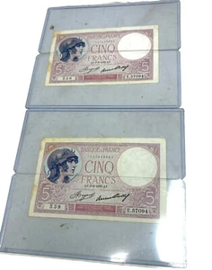 2 X Francia, 5 Francos, Violeta, 1933 A.F. # 538 & 539Fayette:03.17, KM:72, e - Imagen 1 de 10