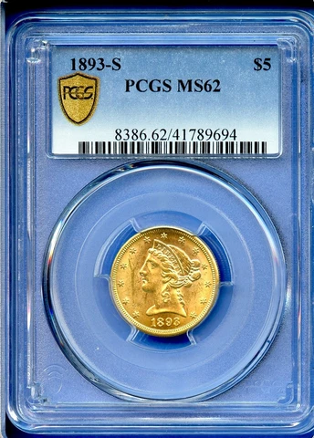 1893 S PCGS MS62 Gold Liberty Half Eagle $5 US Mint Coin 1893-S PCGS MS-62 Cover