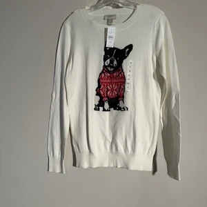 NWT LOFT Sweater French Bulldog Sz M Ivory Womens Long sleeve - Picture 1 of 7