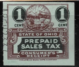 1939 US OHIO REVENUE green/brown PREPAID SALES TAX STAMP/CONSUMER 1c.greenPAPER - Picture 1 of 2