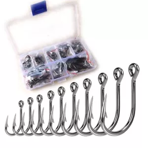 100pcs/box Large Size Premium Fishhooks 8 Sizes Black High Carbon Steel Barbs... - Picture 1 of 9