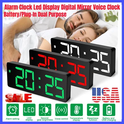 Digital LED Desk Alarm Clock Large Mirror Display USB Snooze Temperature Mode - Image 1 of 4