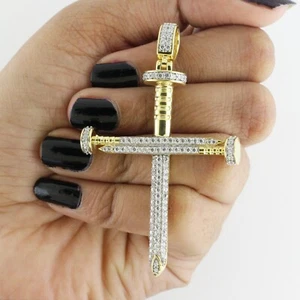 1.51 Ct Natural Diamond Cluster Nail Cross Charm Pendant 10K Yellow Gold - Picture 1 of 12