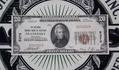 1929 $20 NB Kentucky National Currency *FRANKFORT* KY Ch#5376 A000650A ECC&C Inc - Image 1 of 4