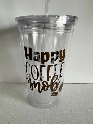 Happy Coffee Snob Beans Glossy Glitter Vinyl 16oz Acrylic Custom Tumbler - Image 1 of 3
