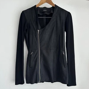Veda Leather Jacket Womens XS Black Moto Biker Asymetric Zip Knit Sleeve Edgy - Picture 1 of 9