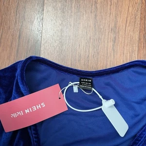 Women’s Shein Belle Cobalt Blue Velour Bodycon Ruched Dress Size L 12/14 BNWT - Picture 1 of 4