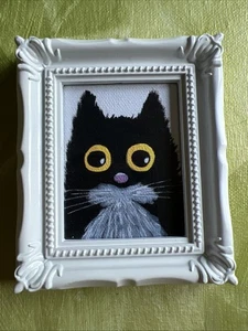 Impresión de mi arte divertido gato negro divertido, lindo, pintura en miniatura, pequeño, enmarcado - Imagen 1 de 5