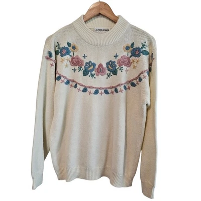 Suéter Vintage Alfred Dunner Años 90 Mujer Grande Blanco Bordado Floral Casa de Campo Foto 1 de 4