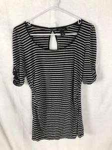 White House Black Market Shirt Womens Small Black White Striped Ruched Keyhole - Picture 1 of 6