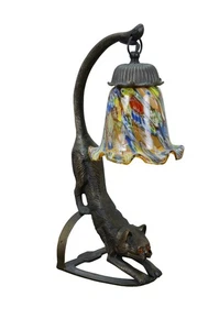 Art Deco Bronzed Metal Cat Millefiore Glass Flower Shade Vanity Table Lamp 15" - Picture 1 of 14