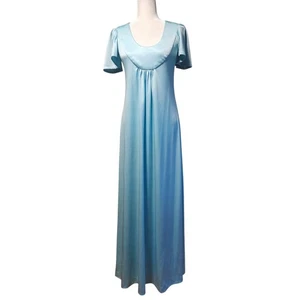 Vintage Maxi Dress Size S Light Blue Satin Flutter Sleeve Scoop Neck Nightgown - Picture 1 of 10