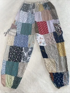 Patchwork Hippie Boho Pants Pull On Rayon Colorful Multicolored Cats On Skates - Picture 1 of 15