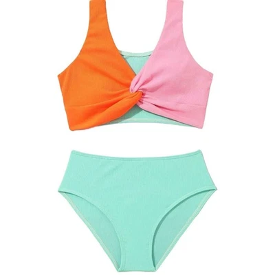Conjunto de bikini acanalado cintura alta colorblock naranja rosa aguamarina talla 8 años para niñas Foto 1 de 4