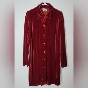 Vintage Maggie S Velvet Button Front Shirt Dress Size L/XL Red Tunic Long Sleeve - Picture 1 of 10