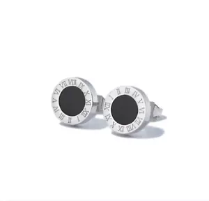 Titanium Unisex Roman Numerals Onyx Black Round Silver/Rose Gold Stud Earrings - Picture 1 of 4