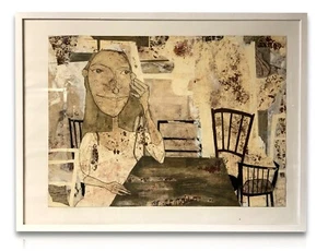 Elke Pollack 'am Tisch' - Gemälde Mischtechnik Collage - moderne Kunst gerahmt - Bild 1 von 8