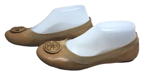 Tory Burch Tan Beige Leather Gold Logo Caroline Ballet Flats Size 7 Classic - Picture 1 of 6