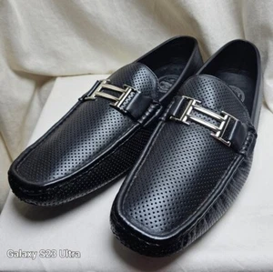 AMALI black faux leather Driving Shoe With Silver Double Bar Ornament size 11 - Picture 1 of 8
