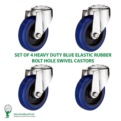 ATLAS HANDLING UK LTD Heavy Duty 100mm Elastic Rubber M12 Bolt Hole Swivel Castor Wheel 4 Set / 210kg
