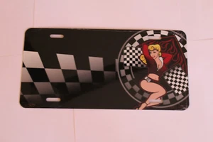 New Metal Automobile Checkered Flag Pinup Girl License Plate - Picture 1 of 1