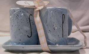 RAE DUNN Salt & Pepper SHAKERS with TRAY SPECKLED Light Blue EASTER Spring NWT - Picture 1 of 6