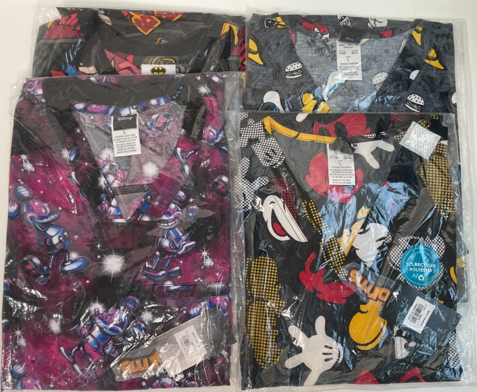 Lot of 4 Tooniforms Adult L Batman Mickey Mouse Print Scrub Top Black Disney - Image 1 of 4