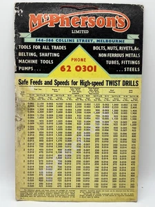 Vintage Mcpherson’s Cardboard Conversion Table Safe Feeds Speeds For Twist Drill - Picture 1 of 2