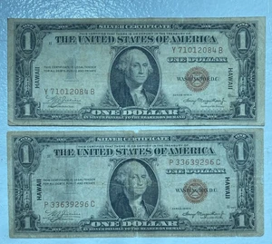 Set Of 2x 1935 A $1 Dollar HAWAII Silver Certificate Note WWII Emergency Issue’s - Picture 1 of 4