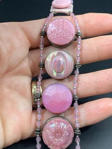 Vintage French Pink Opal Glass Button Bracelet Sterling Silver Signed Adrian B10 - Picture 1 of 13