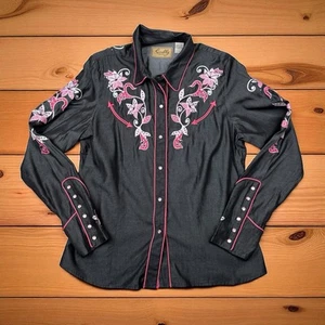 Camicia Scully Pearl Snap donna L pistolero grigio rosa ricamata floreale western - Foto 1 di 5