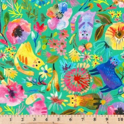 Whisker Wonderland Jade Main Floral Cats 2328-451 Cotton Fabric By half yard - Image 1 of 4