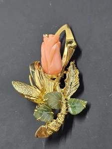 VTG Goldtone Coral & Jade Carved Rose Brooch, 3.25" X" 1.5" - Picture 1 of 8