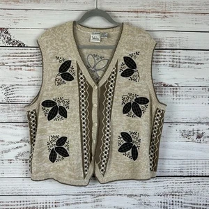Vintage CJ Banks handbestickt hellbraun & marineblau Blumen Oma Landhaus Pullover Weste 2X - Bild 1 von 8